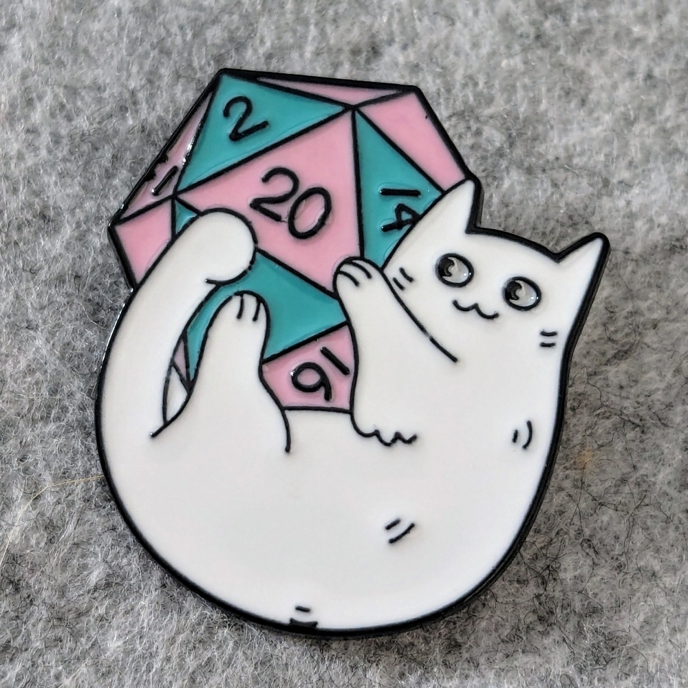 D&D Cat with D20 Pin Enamel Lapel Brooch